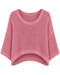 Suéter corto de punto oversize rosa para mujer, holgado, con diseño calado, estilo casual, manga ancha, top de moda. - Product Image 1