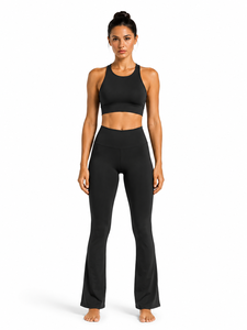 Ensemble de yoga noir 2 pièces : Crop top dos nageur col rond et Legging taille haute longueur intégrale, avec surpiqûres contrastées, sans coutures, écologique - Product Image 1