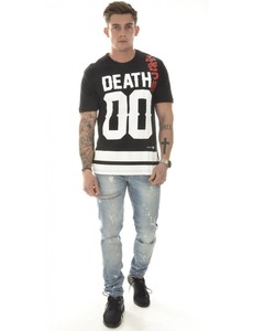 Camiseta Casual de Manga Corta para Hombre, Blanca, con Estampado 'Death 00', Texto Rojo y Rayas Negras, Logotipo Frontal, para Verano - Product Image 3