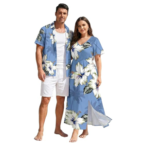 Ensemble Coordonné de Vêtements de Plage pour Couples à Imprimé Botanique Hibiscus Tropical – Chemise Aloha Homme Assortie avec Short et Femme - Product Image 1