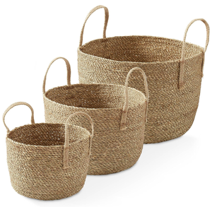 Panier de rangement ouvert en herbe naturelle tressée, corde de coton, fait main, style tendance, doublure en paille, deux poignées, imperméable, unisexe, pour l'organisation - Product Image 5