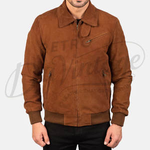 Chaqueta Bomber de Gamuza Genuina Color Cognac Marrón para Hombre, con Cuello Camisero Clásico, Bolsillo con Cremallera en el Pecho y Ribete Acanalado - Product Image 2