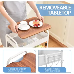 Modern Metal <b>Storage</b> <b>Cart</b> with Wooden Top 3-Tier Rolling Trolley for Kitchen Living Room Organization - Product Image 2