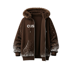 Men's Brown Custom Print Fur Hood Zip Up Hoodie Winter Fleece Streetwear Hooded <b>Jacket</b> with <b>Rhinestones</b> Design - Product Image 2