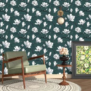 Carta da Parati Blu Navy con Design Floreale Bianco ad Acquerello 44,2 cm x 300 cm, Adesiva e Rimovibile, per Camera da Letto Stile Boho - Product Image 5