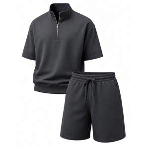 Men's Hooded Fleece Short Sleeve Top and Drawstring Shorts Set Solid Black Front Logo Streetwear Casual Wear for Winter - Product Image 5