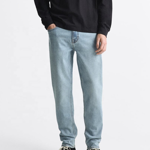 Men's Straight Leg Light Blue Denim Jeans Mid Waist Loose Fit Sand Wash Cotton Casual Streetwear Winter Pants Autumn Style - Product Image 3