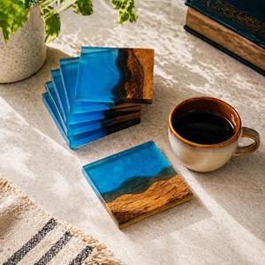 Custom Luxury Square Country Design Olive Wood resin Lightweight Car Cup <b>Coaster</b> <b>Drink</b> Mat on Wood Resin <b>Coaster</b> with Holder - Product Image 5