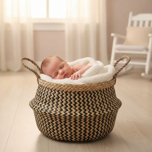 <b>Woven</b> Storage <b>Basket</b> Handwoven Water Hyacinth Belly <b>Basket</b> with Handles Eco Friendly Organizer for Home Decor Laundry Storage - Product Image 1