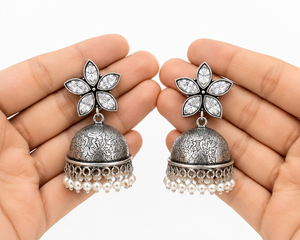 Fournisseur de confiance, boucles d'oreilles pendantes Jhumka en argent oxydé pour femmes, style Bollywood |   Fournisseur en gros, fabricant direct d'usine - Product Image 6