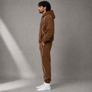 Men's <b>Brown</b> Hooded Tracksuit Set with White Contrast Piping Pullover Hoodie and <b>Jogger</b> Pants for Casual Streetwear - Product Image 4