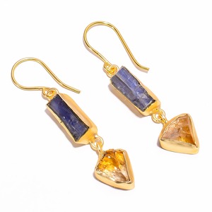 <b>Gold</b> Plated Brass Drop <b>Earrings</b> With Raw Green Kyanite And Pink Natural Stone Bohemia Style Women's Jewelry USA wholesaler - Product Image 4