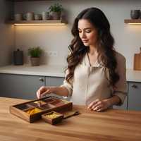 Caja de Madera para Hierbas y Especias, Caja para Chile en Polvo y Masala con Seis Compartimentos, Utensilios de Cocina, Caja para Especias con Tapa de Vidrio, Caja para Almacenar Hierbas