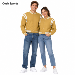 Veste universitaire en molleton unisexe sur mesure OEM, veste bomber de haute qualité jaune moutarde, fournisseur de vestes universitaires pour hommes et femmes - Product Image 1