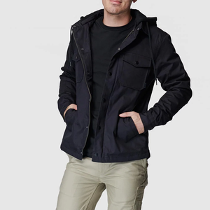 Veste de travail à capuche noire pour homme, coupe régulière, fermeture éclair, couleur unie, polyester, coupe-vent, automne, décontractée - Product Image 2