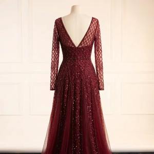 Elegante Vestido de Noche Borgoña con Cuello en V, Manga Larga, Lujoso Vestido Formal con Cuentas y Lentejuelas, Vestido de Fiesta para Mujer, Tallas Grandes - Product Image 2