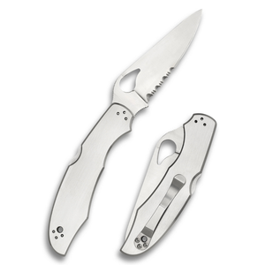 Couteaux de poche pliants en acier inoxydable argenté avec lame partiellement dentelée, manche en métal, trou d'ouverture pour le pouce et clip de poche - Product Image 1