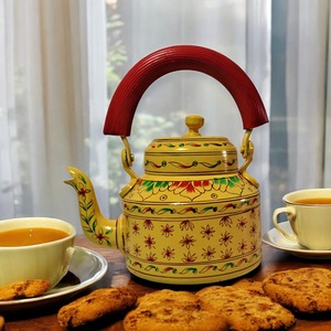 Wholesale <b>Yellow</b> Painted Metal Tea <b>Kettle</b> Floral Motif Folk Art Traditional Decorative Cultural Collectible Artifact Table Craft - Product Image 4