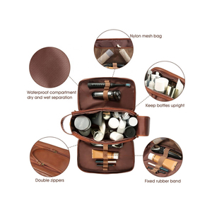 Leather <b>Toiletry</b> Bag Rectangle Classic Durable Brass Zipper <b>Storage</b> Bag for Bathroom Use - Product Image 3