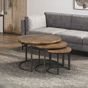 Modern Vintage Set of 3 Nesting <b>Coffee</b> <b>Tables</b> <b>Round</b> Design with Wooden Top and Metal Frame for Home Living Room - Product Image 5