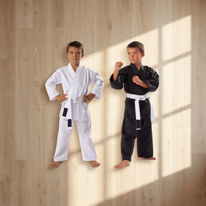 Kids Karate Gi Uniform White/Black with Stretch 100% Cotton Lightweight Design and <b>Free</b> White Belt - Product Image 5