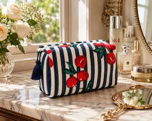 Bolsa de Cosméticos de Algodón con Estampado de Cerezas a Rayas, Tamaño Mediano, Cierre de Cremallera, Bolsa de Viaje Portátil, Estilo Bohemio - Product Image 2