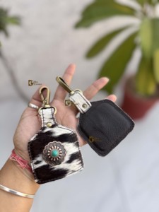Cowhide Leather <b>Key</b> <b>Chain</b> Rectangular Shape Unique Design Western Conchos Turquoise Stone Decorated Unisex Accessory - Product Image 3