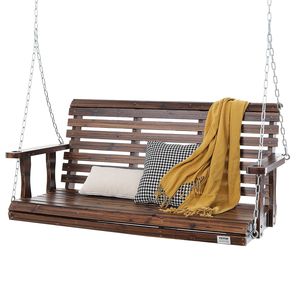 Upgrade 4.5 ft <b>Wooden</b> Patio <b>Swing</b> <b>Bench</b> Heavy Duty 880 Lbs Load Capacity Carbonized Brown Hanging Chains for Courtyard <b>Garden</b> - Product Image 1