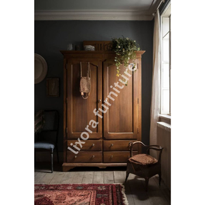 Luxury Handcrafted Solid Wood 2 <b>Door</b> Wardrobe with 4 Lower Drawers <b>Rustic</b> Finish Armoire - Product Image 3