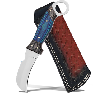 Cuchillo de caza tipo hawkbill de acero inoxidable de grado industrial hecho a mano por BA Enterprises, mango de madera, funda de cuero, punta de caída de alta resistencia - Product Image 1