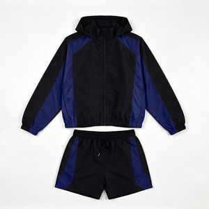 Men's Contrast Panel Windbreaker Jacket and Shorts Set Lightweight Hooded Training Activewear - Product Image 1