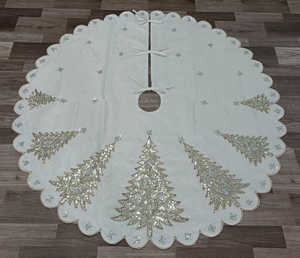 White <b>Christmas</b> <b>Tree</b> Skirt with Sequin <b>Trees</b> and Snowflake Embellishments Scalloped Edge Decorative Holiday Base Cover - Product Image 1