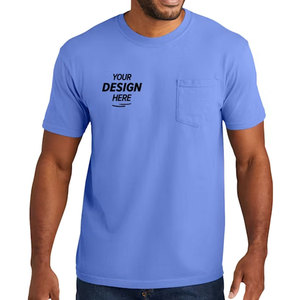 T-shirt pour homme bleu à manches courtes, col rond, coupe classique, couleur unie, jersey décontracté en coton, avec poche - Product Image 1