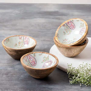 Printed Wooden <b>Dessert</b> <b>Bowl</b> for Kitchen Dining Mango Wood Salad Mixing with Decorative Decal - Product Image 2