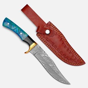 Cuchillo de caza y desollado de hoja fija de acero inoxidable de Damasco recto hecho a mano con funda de cuero para supervivencia al aire libre y camping, logotipo OEM, alta calidad - Product Image 1