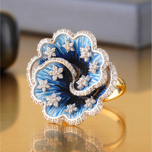 Blue Enamel Flower <b>Ring</b> with Lab Grown Diamond 14K <b>Gold</b> VVS-VS DEF Statement Elegant Fashion Fine Jewelry - Product Image 2