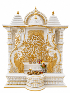 Temple hindou en bois de teck sculpté à la main, style paon, blanc et or, aspect marbre, style Mayur divin, fait sur mesure aux États-Unis - Product Image 2