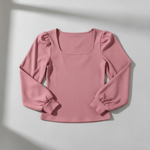 Haut de voyage côtelé à col carré et manches bouffantes, en maille ajustée à manches longues, confortable et léger, avec poignets côtelés, personnalisable OEM, vente en gros, fabrication - Product Image 1