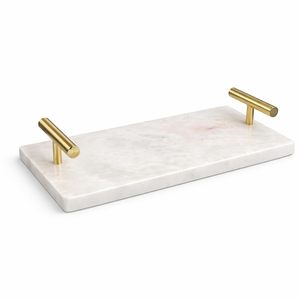 Elegante Bandeja de Servir de Mármol Blanco con Asas de Metal Dorado, Bandeja Decorativa Rectangular para Baño, Encimera de Cocina - Product Image 1