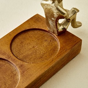 Modern Decorative Triple Glass Candle <b>Holder</b> with Wooden Base and Golden Figurine Accents Tabletop <b>Tealight</b> Stand for Home Decor - Product Image 3