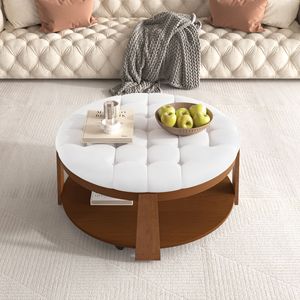 Tavolino da Caffè Moderno a 2 Livelli con Bottoni Trapuntati e Contenitore, Pouf Grande con Ripiano in Legno Imbottito - Product Image 5