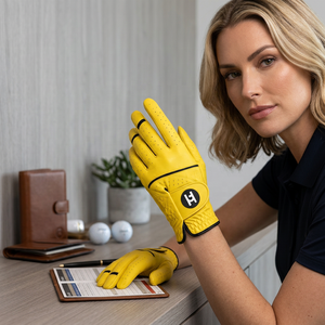 Gants de golf professionnels de couleur jaune pour gaucher, antidérapants, avec logo personnalisé, en cuir Cabretta, pour hommes et femmes - Product Image 5