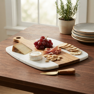 Tabla de servir de doble material, mármol y madera, con asa, rectangular, para queso y aperitivos - Product Image 3