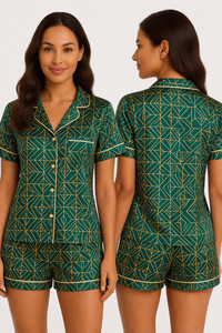 Ensemble pyjama à manches courtes pour femmes, imprimé géométrique vert, avec col rabattu, fermeture à boutons, vêtements de nuit d'été - Product Image 1