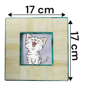 Cadre photo carré décoratif fait main en os incrusté, imperméable, imprimé UV, avec bordure turquoise, pour table - Product Image 3