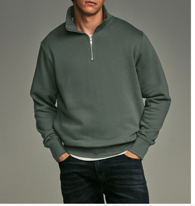 Sweat-shirt respirant en molleton de coton sur mesure 2026, élégant, à col montant, fermeture éclair 1/4, couleur verte unie, coupe régulière, OEM - Product Image 3