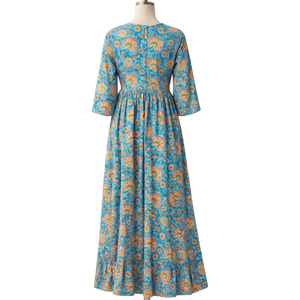 Vestido Largo con Estampado Floral Bohemio, Cuello Redondo, Manga Larga, Fruncido, Algodón Sostenible de Alta Calidad, Ropa Casual para Mujer - Product Image 1