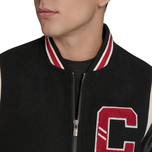 <b>Men's</b> Black Varsity <b>Jacket</b> PU <b>Leather</b> Sleeves Embroidered C Logo Zipper Closure Preppy Style Autumn Wear Regular Fit - Product Image 3