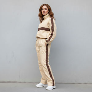 Nouvel article : Ensemble de survêtement tricoté deux pièces pour femme, col montant, haut à manches longues, pantalon large, style sportif bicolore - Product Image 3
