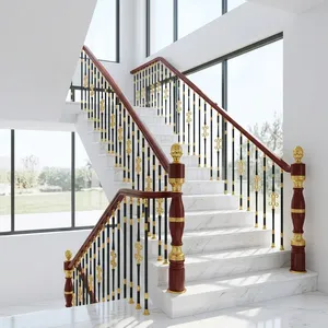 Rampe d'escalier incurvée de luxe en acier inoxydable avec accents dorés, balustres noirs, poteaux ornés, design moderne, résistant à l'eau - Product Image 6